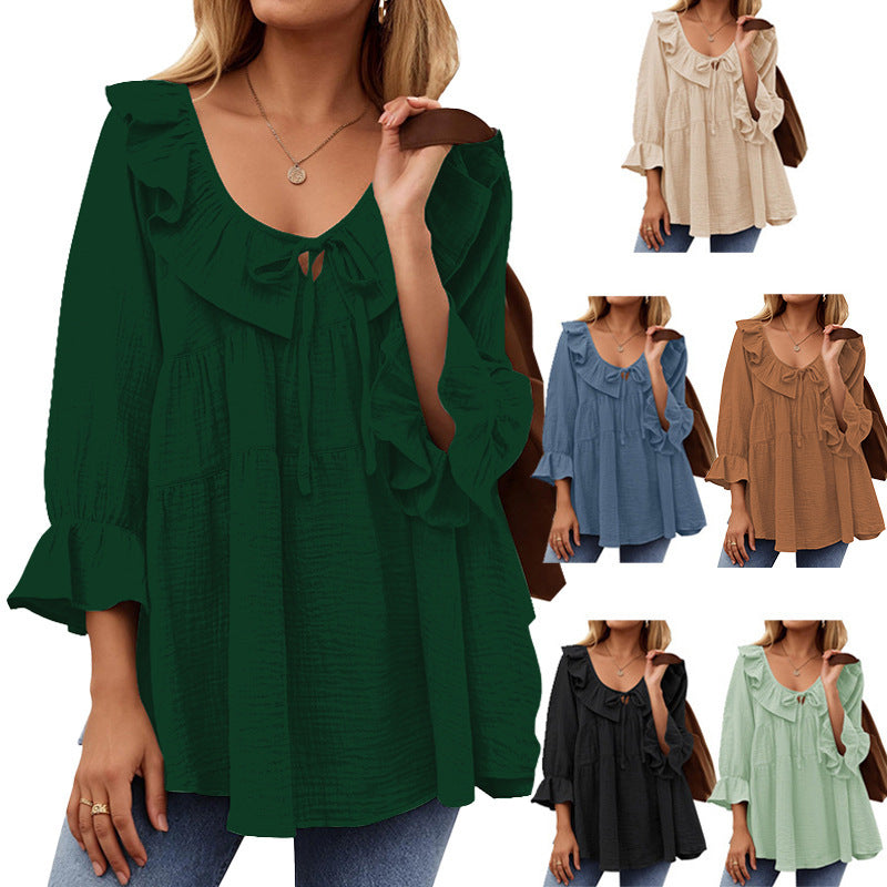 Women's Neck Tied Front Dart Loose Waist Women's T-shirt
