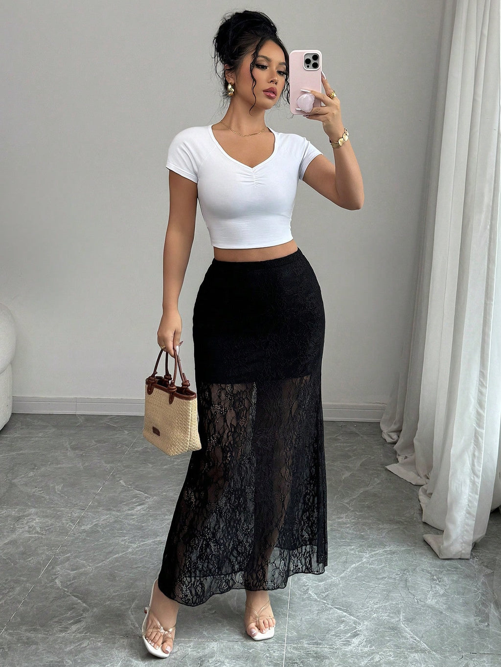 Lace High Waist Figure Flattering Sheath Skirt