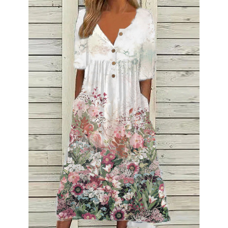 Women's Spring Printed Button Sleeve Pocket Dress