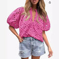 Women's Fashion Casual Lantern Sleeve Collar Button Hollow Lace Blouse