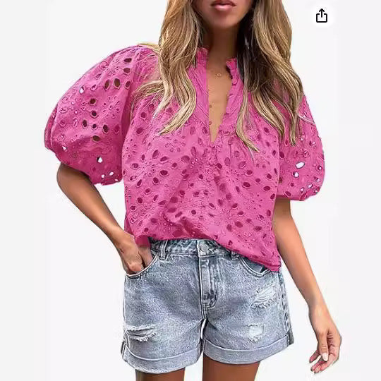 Women's Fashion Casual Lantern Sleeve Collar Button Hollow Lace Blouse