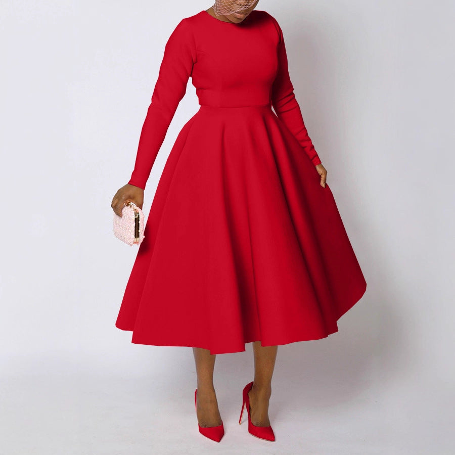 Women's Solid Color Round Neck Long Sleeve Flat Part Of Knife Dress