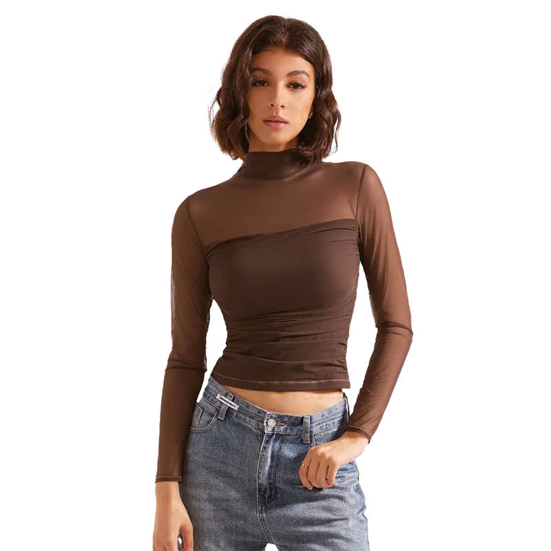 Women's Pure Color Half Collar Mesh Stitching Women's T-shirt