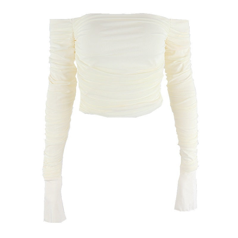 Women's Sexy Mesh Sweet Pleated Flared Long-sleeved Tops