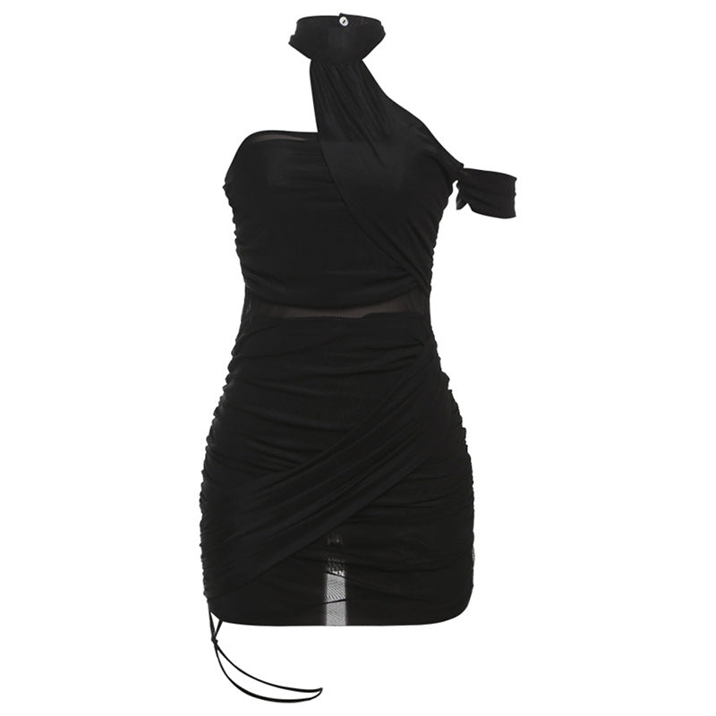 Pure Color Mesh Stitching Personality Street High Waist Figure Dress