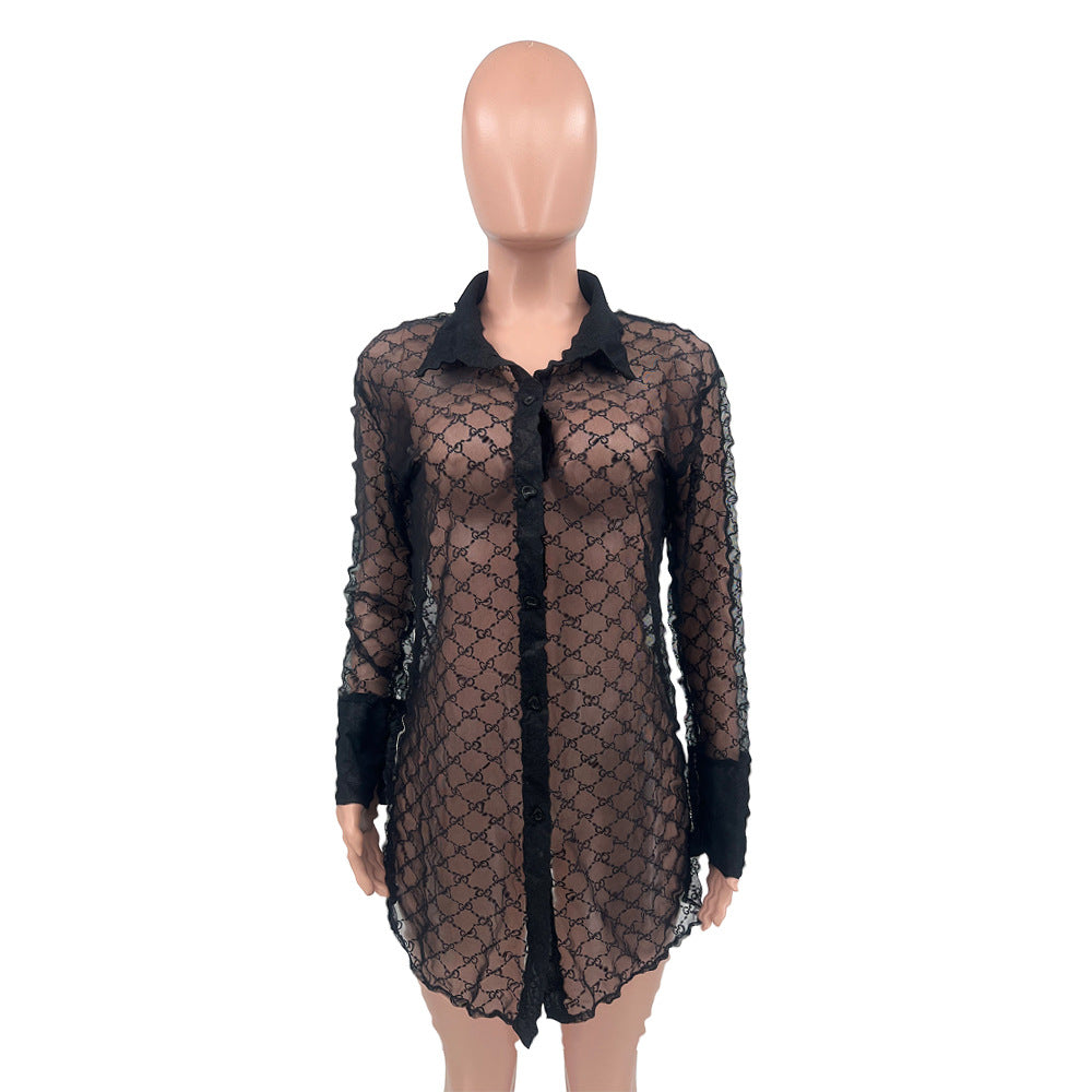 Women's Casual Fashionable Outerwear Mesh Shirt Color Blouse