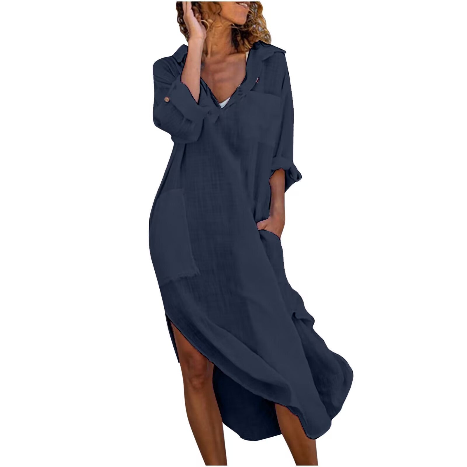 Women's Solid Color Buttons Slit Loose Breathable Casual Shirt Cotton Linen Dress