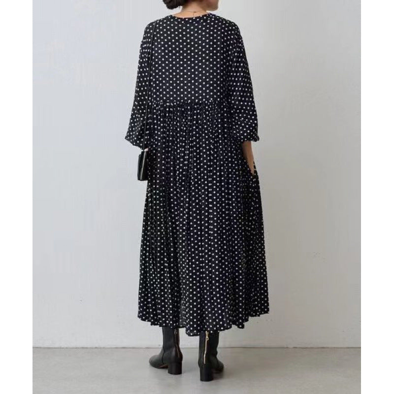 Loose Mid-length Black Round Neck Pleated Sleeve White Polka Dot Dress