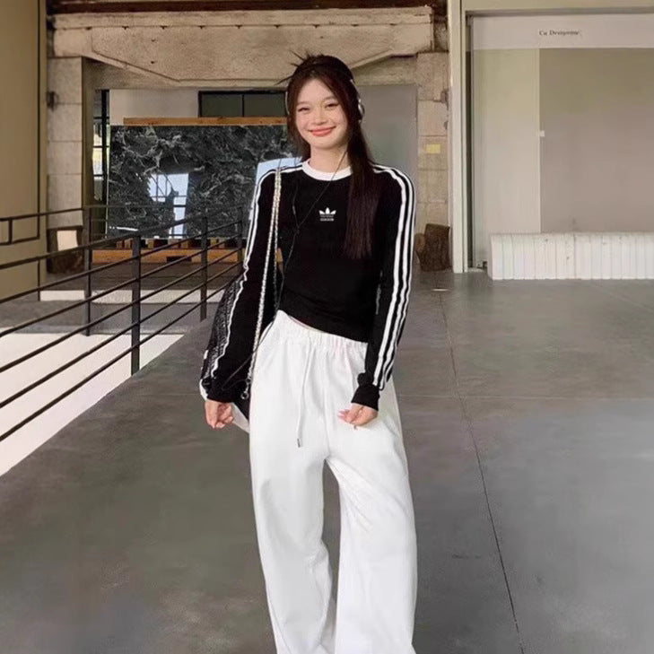 Women's Single Clover Embroidered Crew Neck Shoulder Long Women's T-shirt