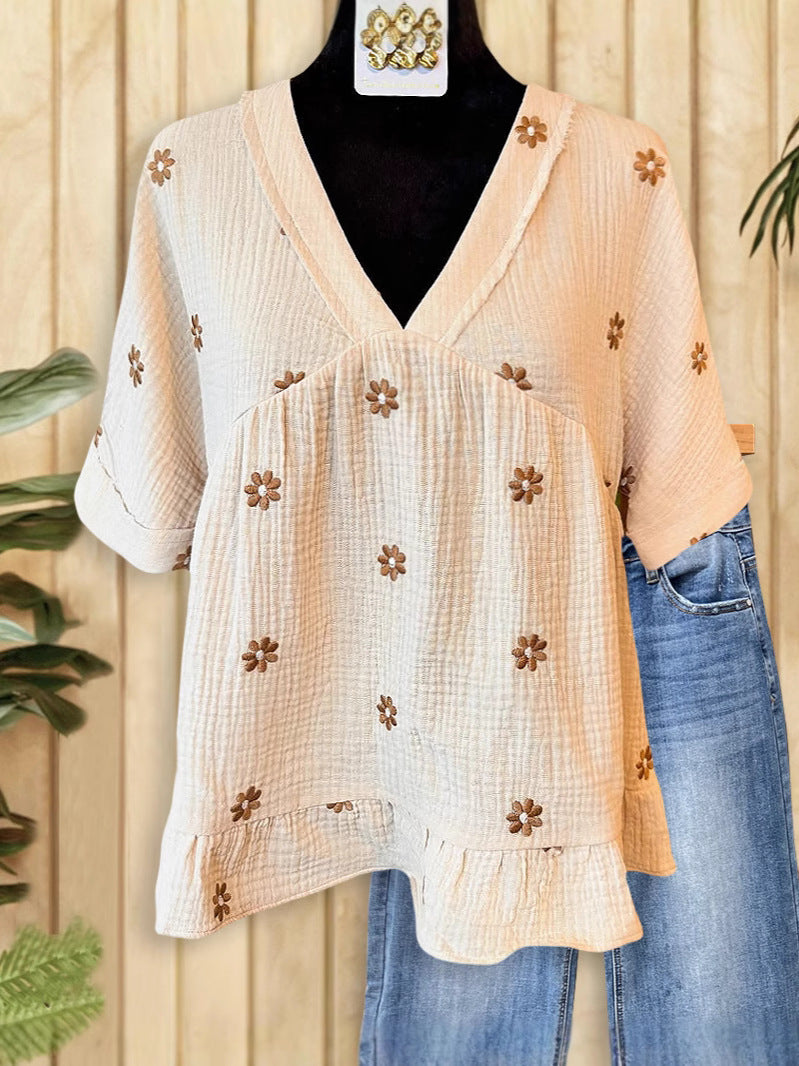 Women's Fashion Flower Print Loose Half Sleeve Blouse