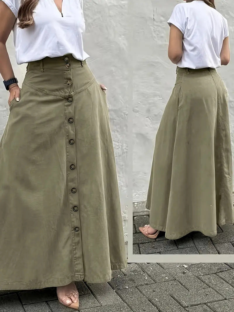 Women's Elegant High Waist Pocket Button Front Slit A- Line Skirts
