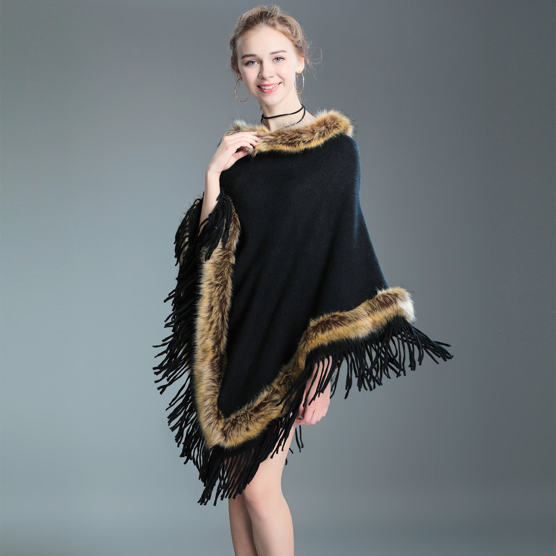Women's Raccoon Fur Collar Shawl Cape Tassel Women's Sweater