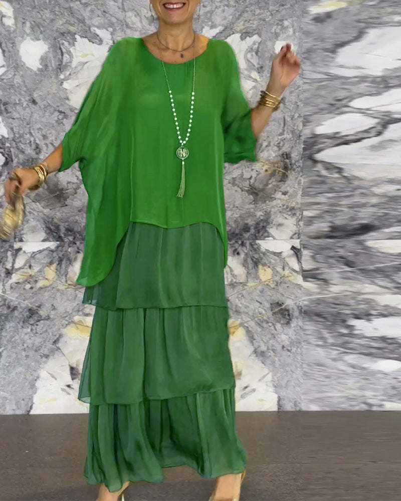 Fashion Chiffon Mesh Batwing Sleeve Long Dress