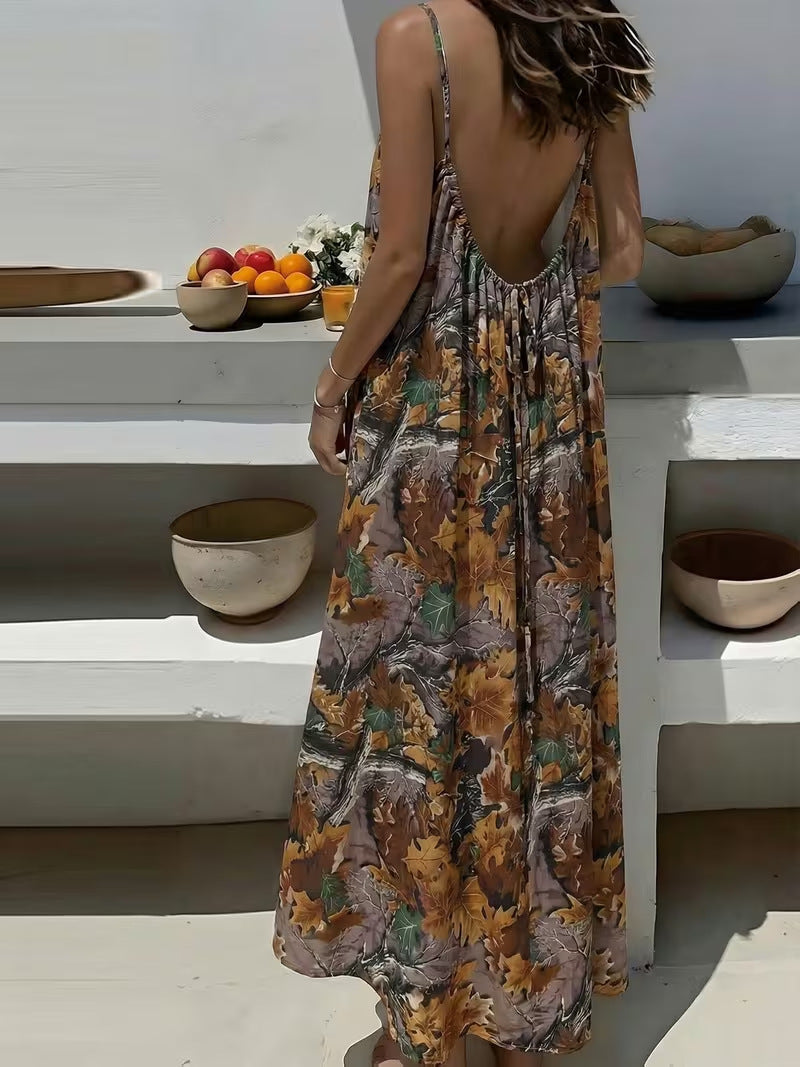 Silk Ruffle Solid Color Pleating Backless Dress