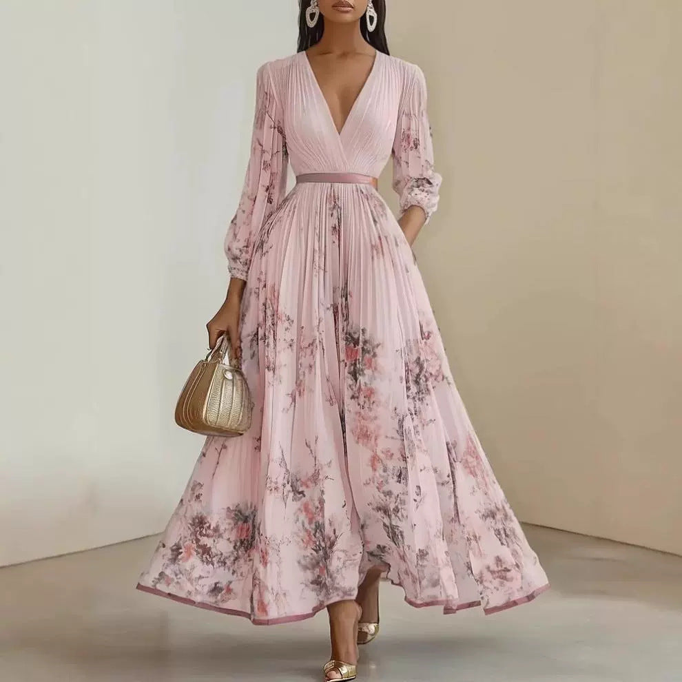Women's Printed Long Sleeve Fashion Pleated Dress
