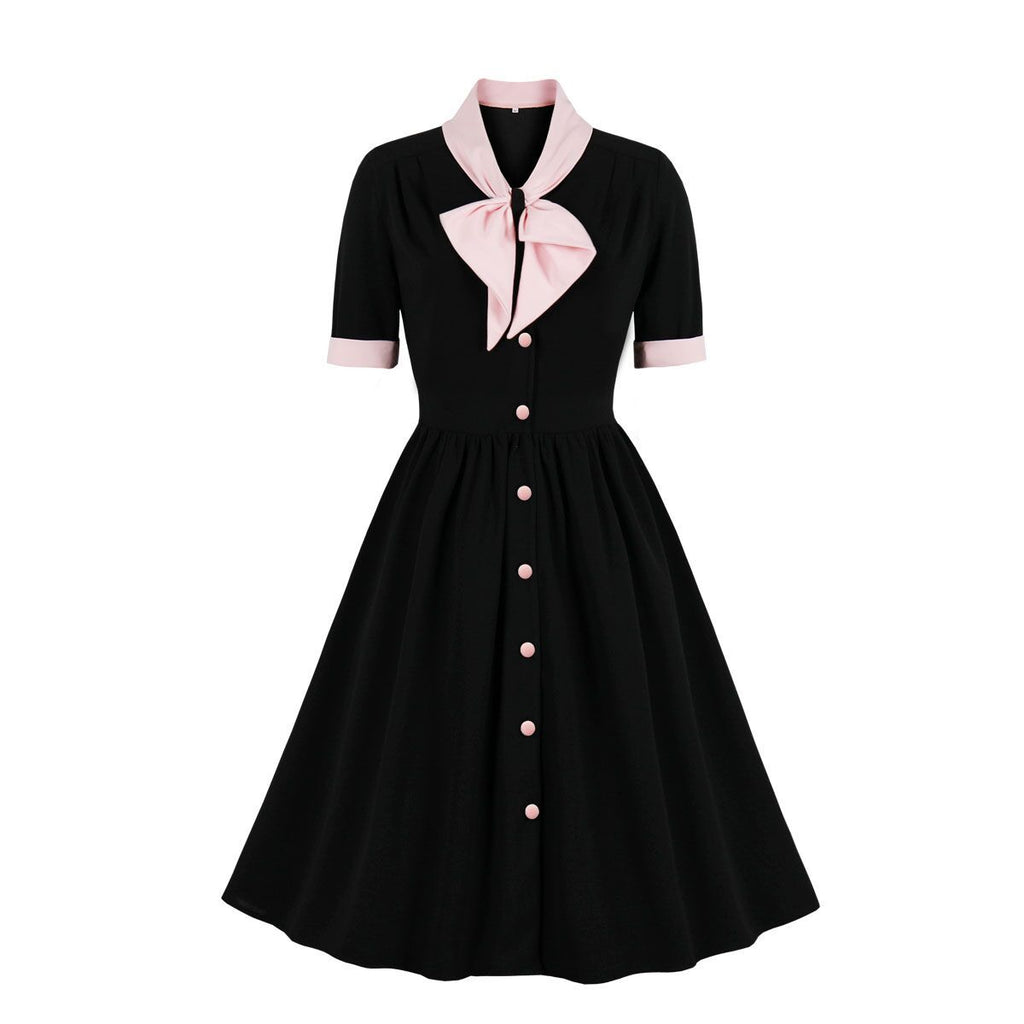 Women's Style Elegant Retro Contrast Color Bow Breasted Dress