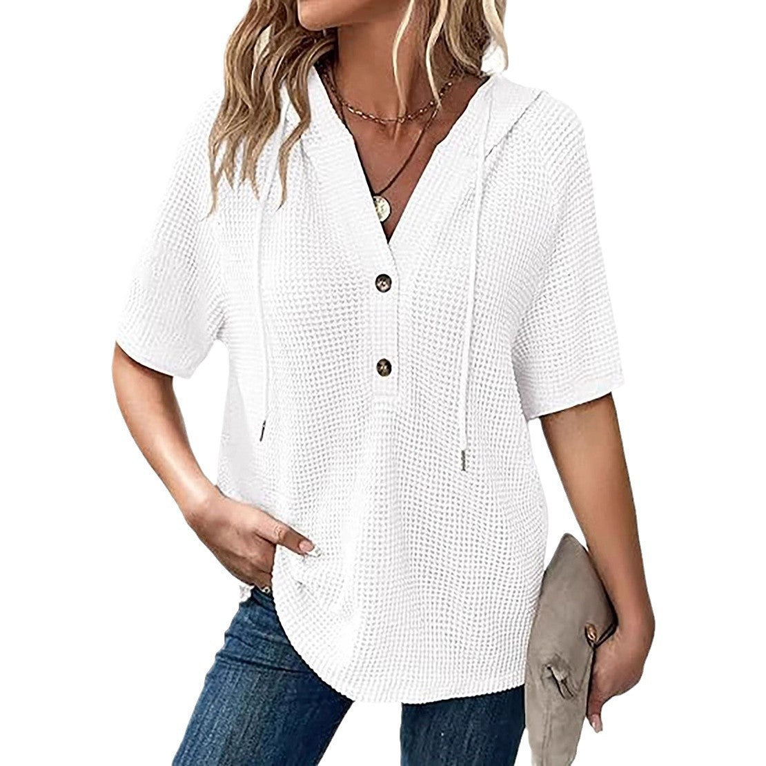 Women's Summer Waffle Knitted Short-sleeved Shirt Lightweight Drawstring Hoodie Blouse