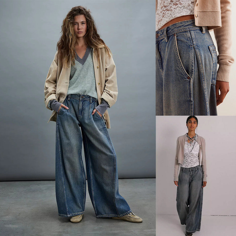 Women's American Wide Leg Tide Washed Worn Women's Jeans