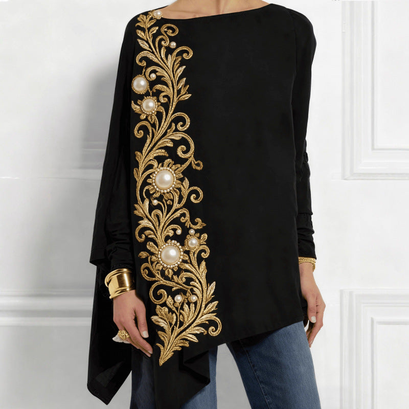 Autumn Irregular Hem Loose Casual Print Batwing Sleeve Bottoming Women's T-shirt