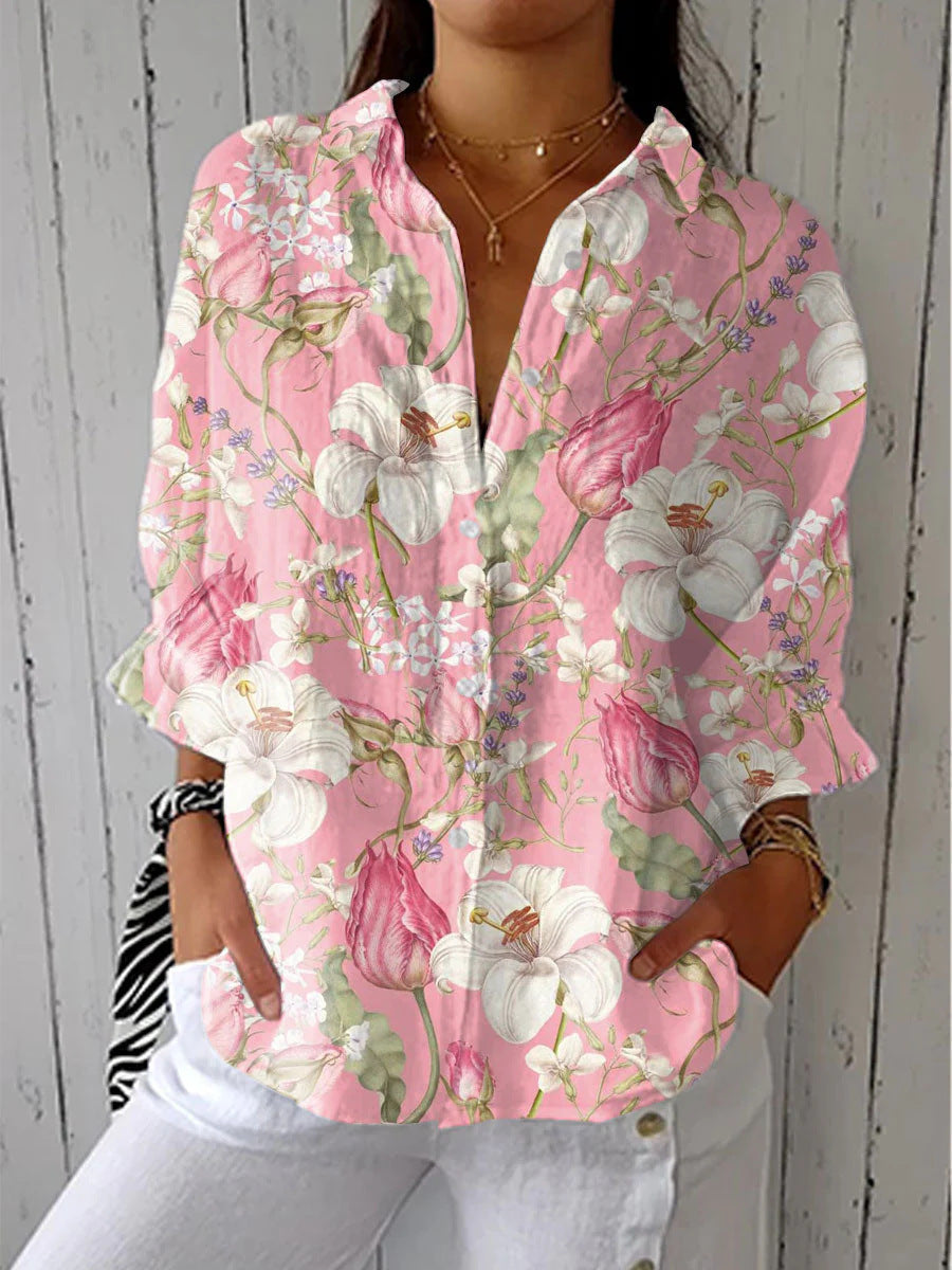 Women's Digital Printing Lapel Long Sleeve Linen Blouse