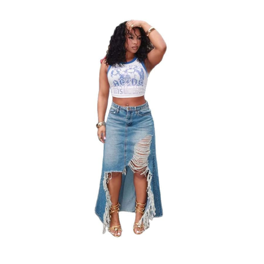 Summer High Waist Raw Hem Ripped Distressed Split Skirts