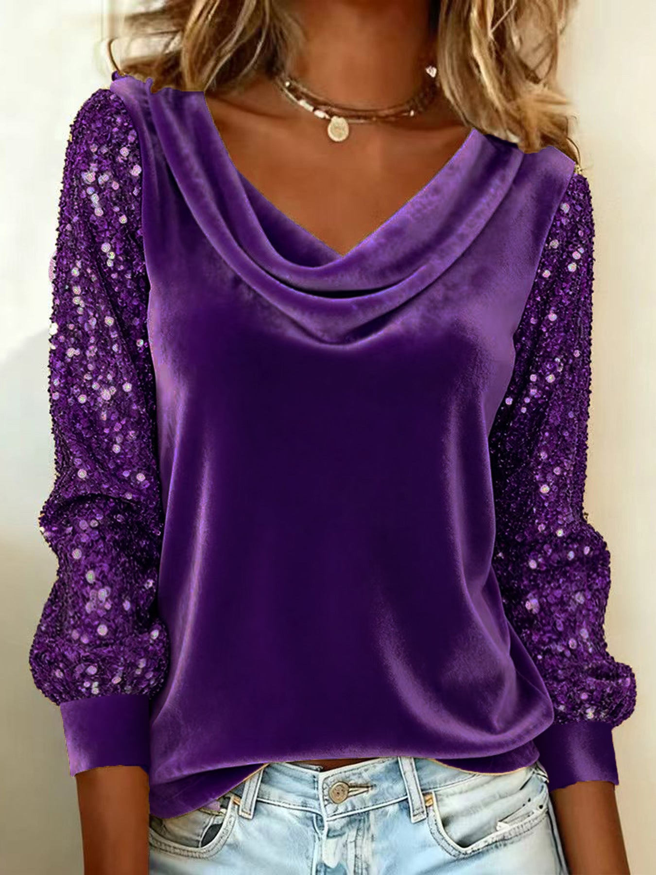 Women's Fashion Wear Veet Pile Collar Sequined Stitching Long Women's T-shirt