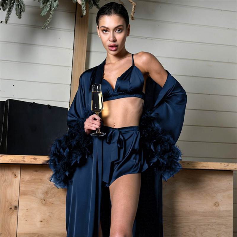 Sexy Satin Nightgown Three-piece Home Wear Underwear Feather Dress