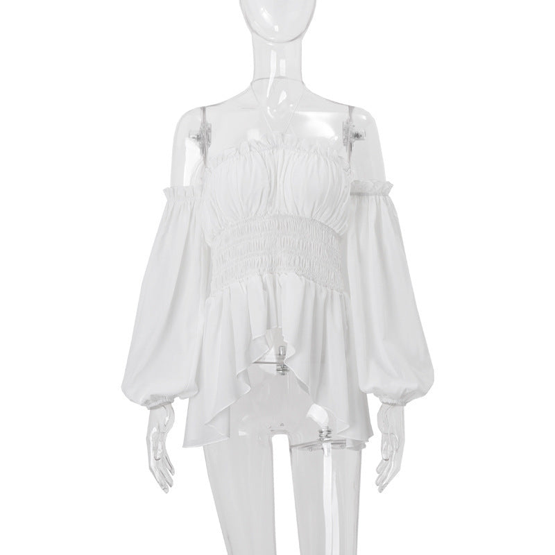 Women's Spring Sexy Pleated Ruffled Slim Fit Lantern Long Sleeve Women's T-shirt