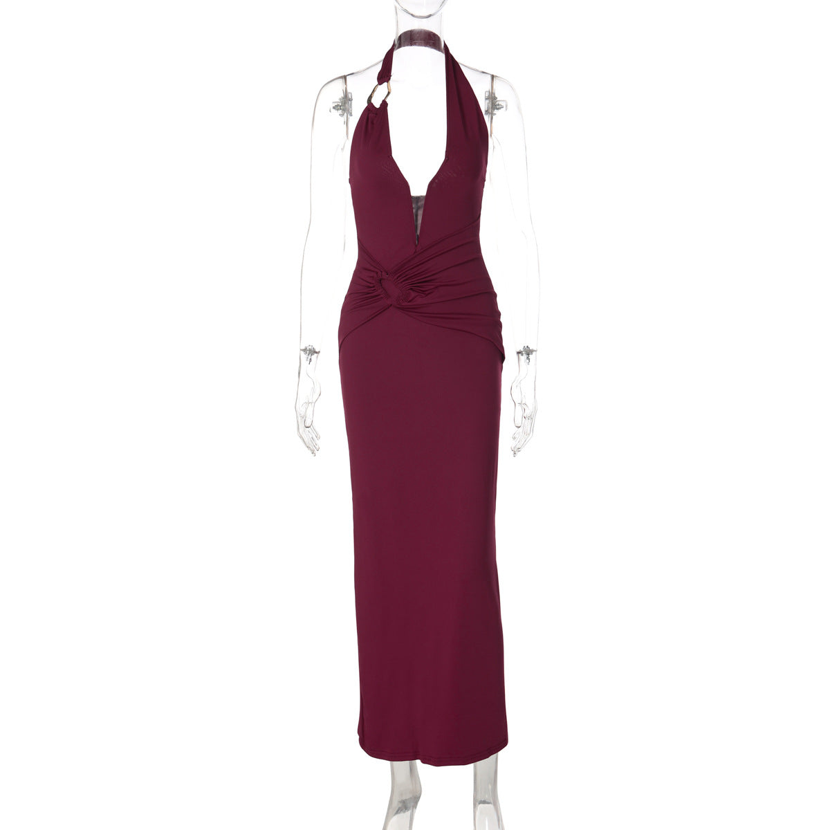 Women's Sexy Stitching Steel Ring Halter Slim Fit Pleated Patch Long Dress