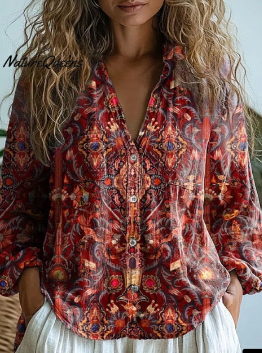 Women's Shirt Printed Linen Fabric Can Be Made Blouse