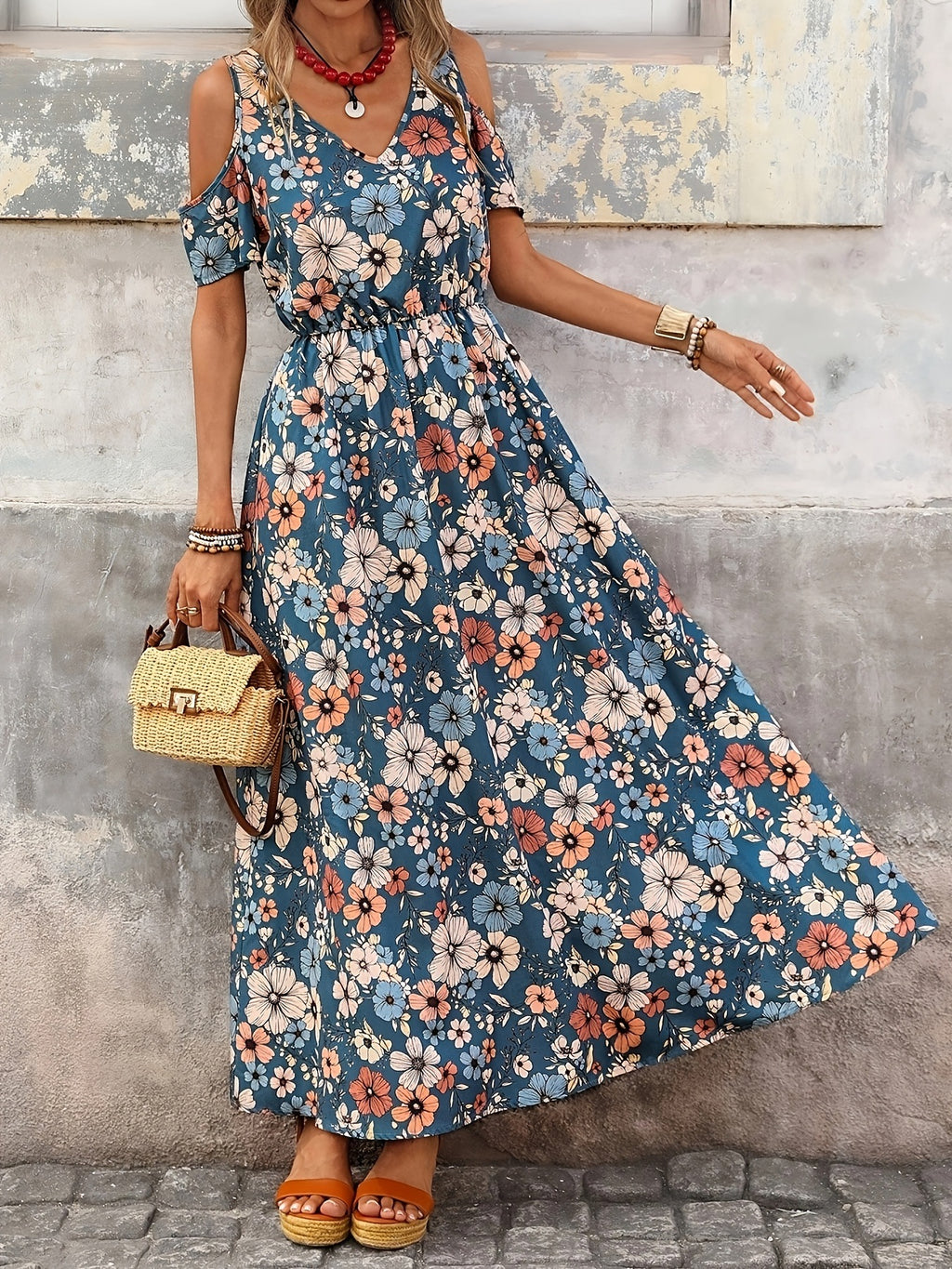 Women's Printed Cold Shoulder Sleeve Floral Elegant Dress