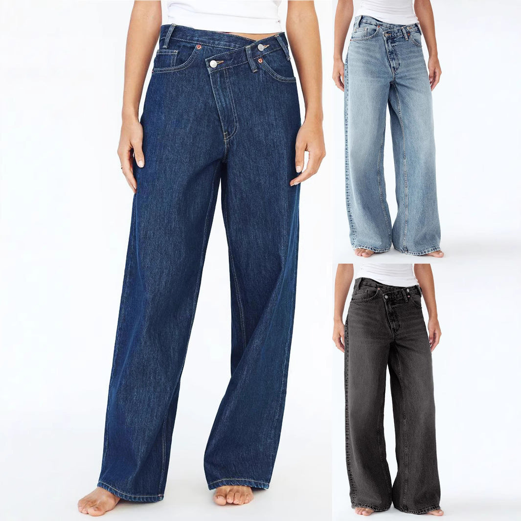 Elegant Glamorous Casual Straight Diagonal Button Women's Jeans