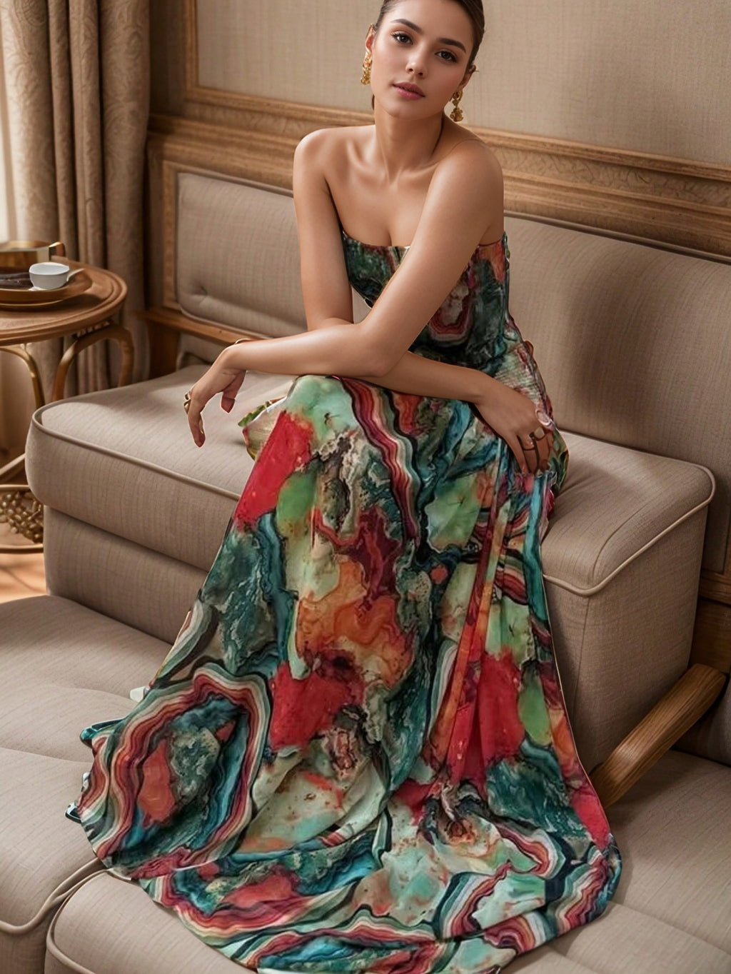Printed Smocking Wrapped Chest Slim Formal Swing Dress