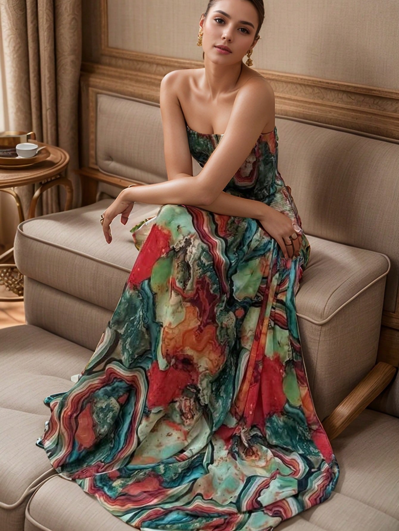 Printed Smocking Wrapped Chest Slim Formal Swing Dress