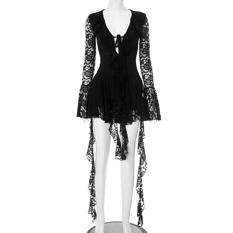 Women's Sexy Lace Strap Rope Long Sleeve Dress
