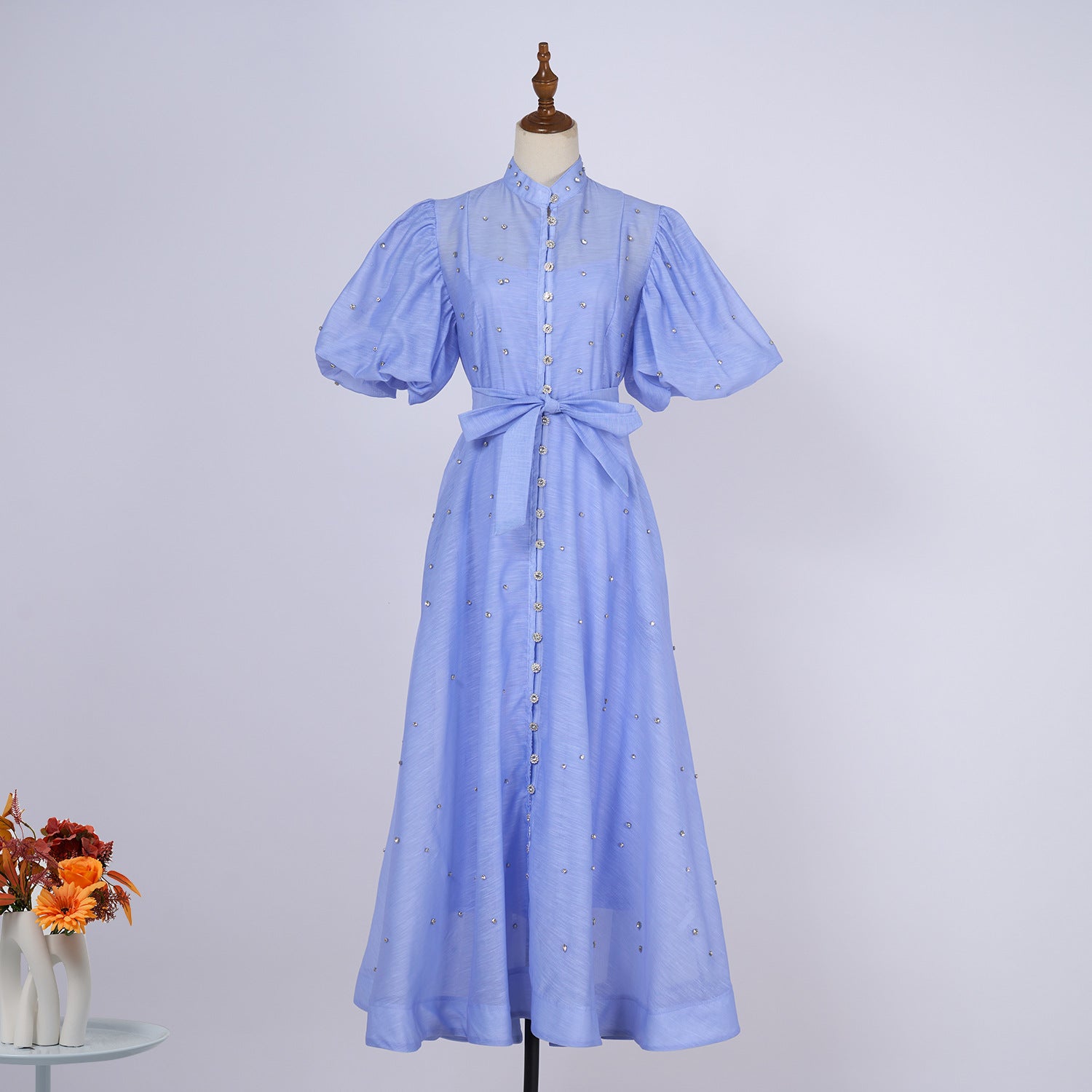 Summer Palace Style High Design Sense Rhinestone Sleeve Single-breasted Long Dress