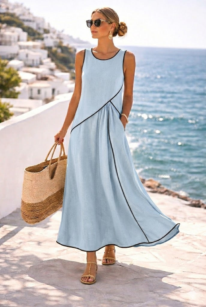 Women's Mediterranean Vacation Style Contrast Color Binding A- Dress