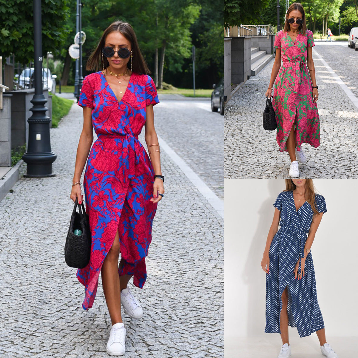 New Women's Printed Split Mid-length Group Dress
