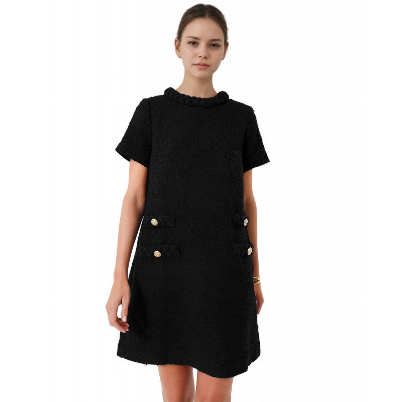 Women's Style Tweed Jack Elegant Round Neck Sleeve Button Shorts