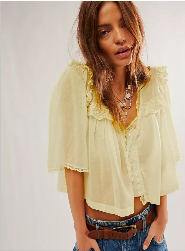 Women's Lace Collar Pure Cotton Solid Color Loose Fashion Blouse