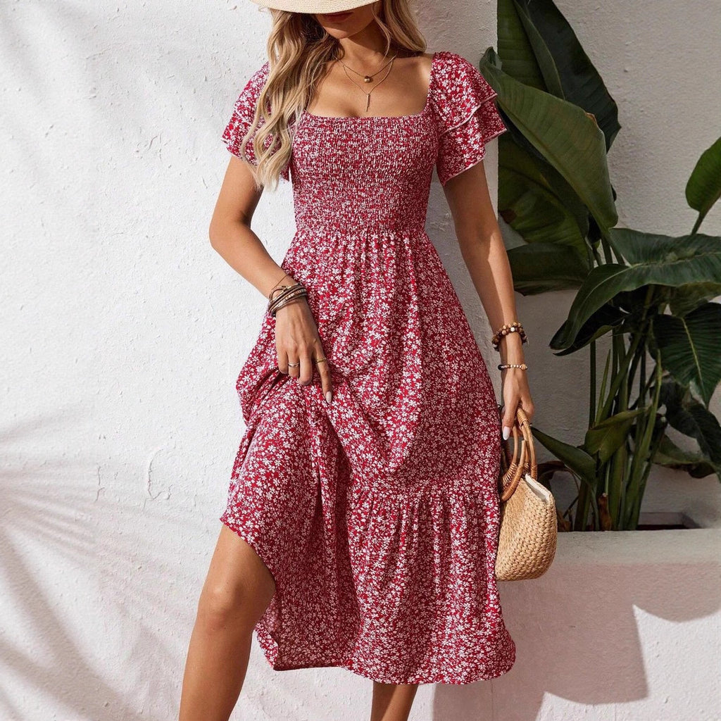 Women's Smocking Sleeve Square Collar Floral Long Dress