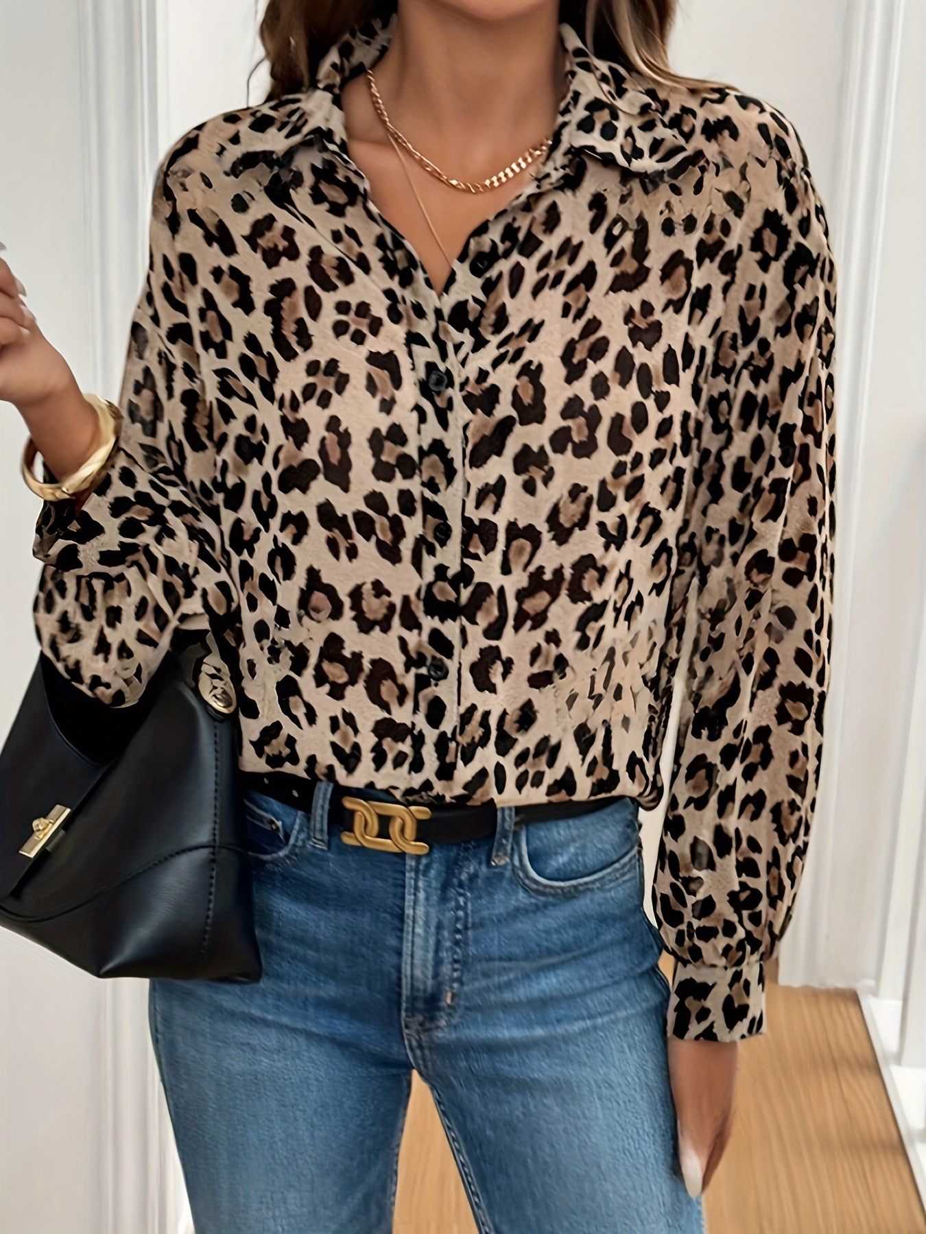 Elegant Leopard Print Long Sleeve Loose-fitting Blouse