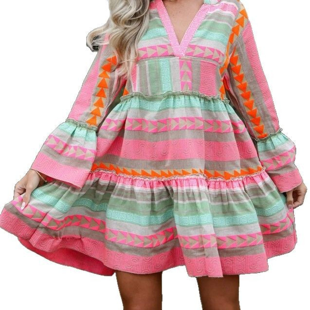 Slouchy Fashion Printing Stand-up Collar Sleeve Dress
