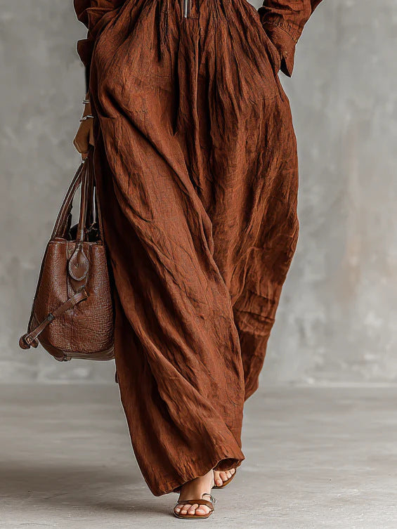 Women's Style Zipper Lapel Elastic Waist Long Vacation Dress