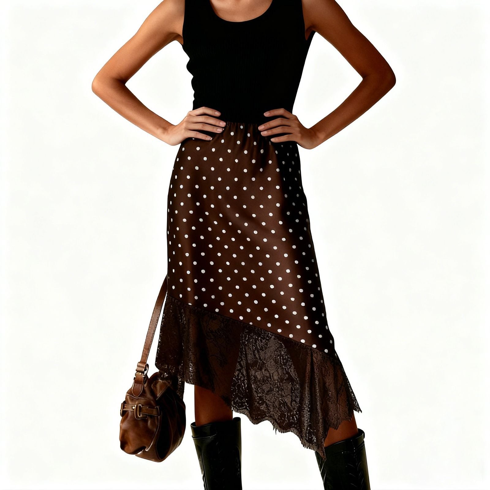 Women's Lace Stitching Summer Solid Color Satin Skirt