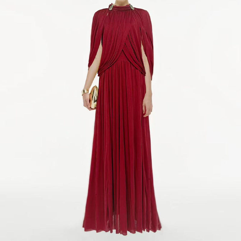 Women's Pleated Elegant Round Neck Simple Chiffon Dress