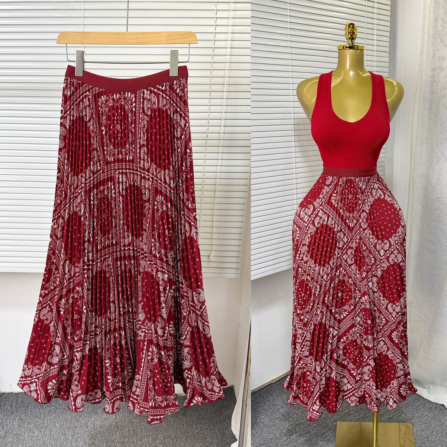 Women's Retro Printed High Waist A- Line Mid-length Pleated Large Hem Skirt