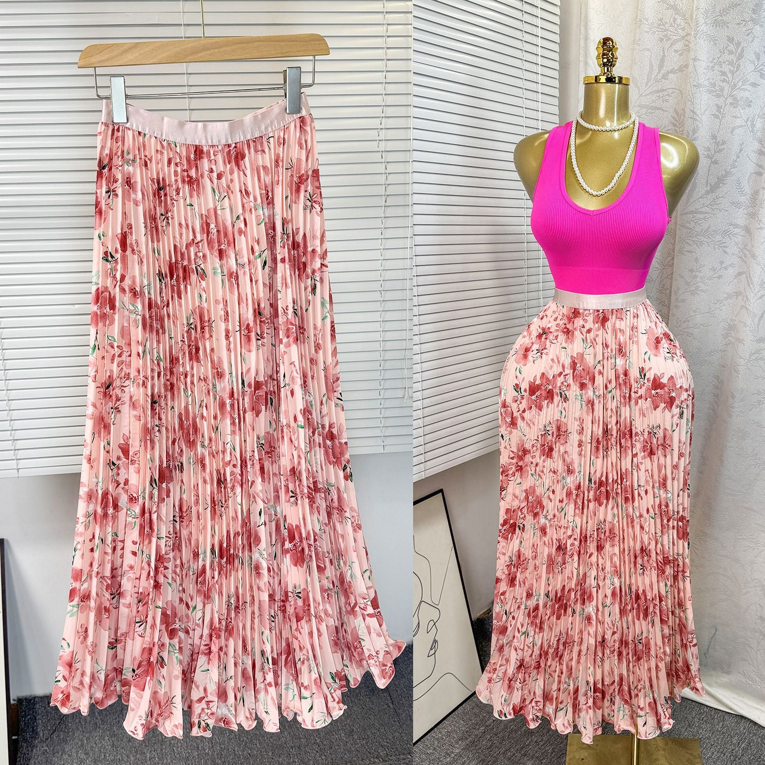 Women's Retro Printed High Waist A- Line Mid-length Pleated Large Hem Skirt