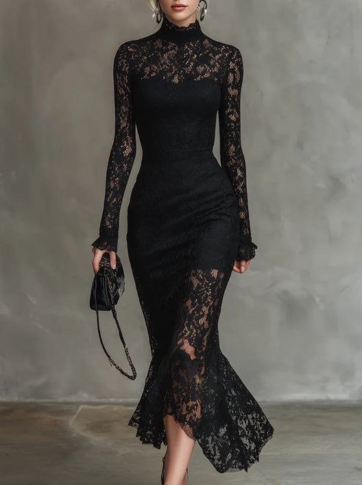 Elegant Party Black Stretch Lace Fishtail Dress