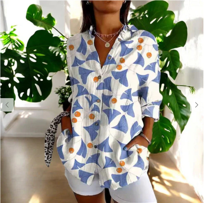 Women's Color Matching Printed Pattern Autumn Casual Loose Shirt Blouse